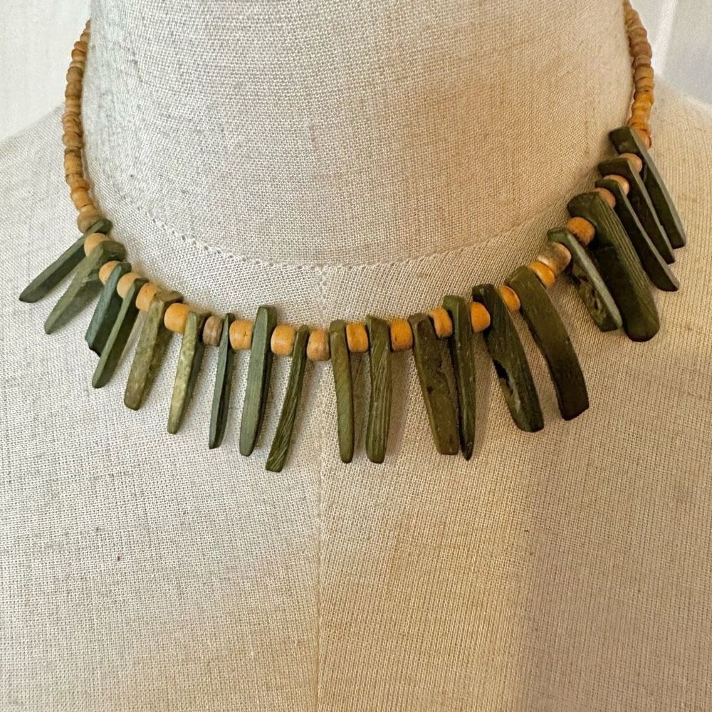 Green and brown wooden beaded necklace